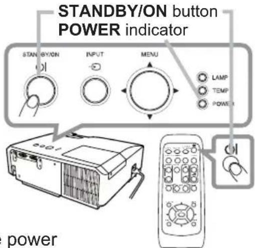 STANDBY/ON button POWER indicator STANDBY/ON INPUT MENU LAMP TEMP POWER power