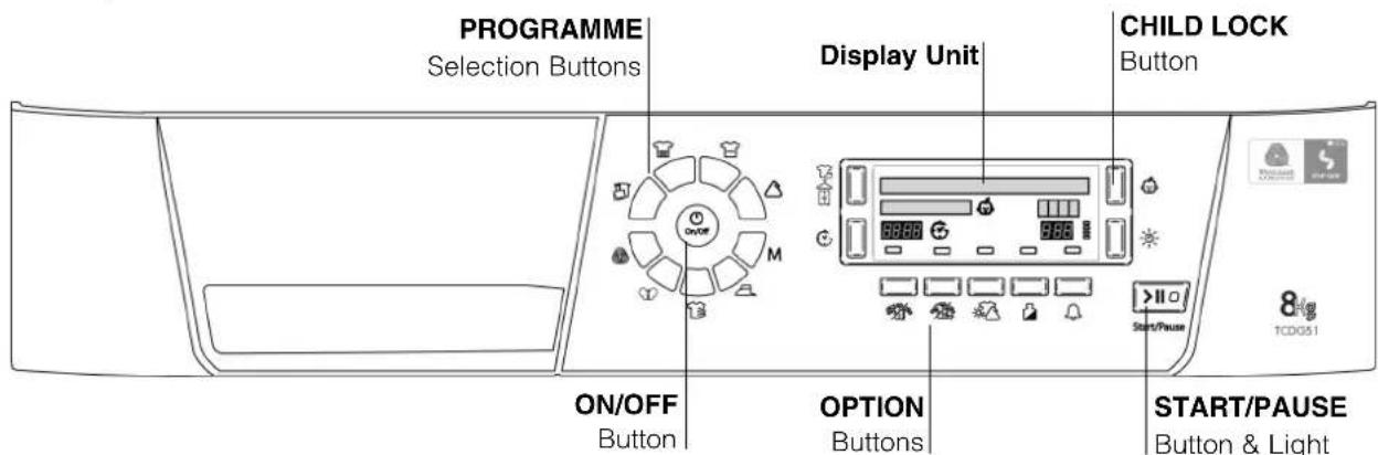 PROGRAMME Selection Buttons Display Unit CHILD LOCK Button ON/OFF Button OPTION Buttons START/PAUSE Button & Light 8kg TCD051