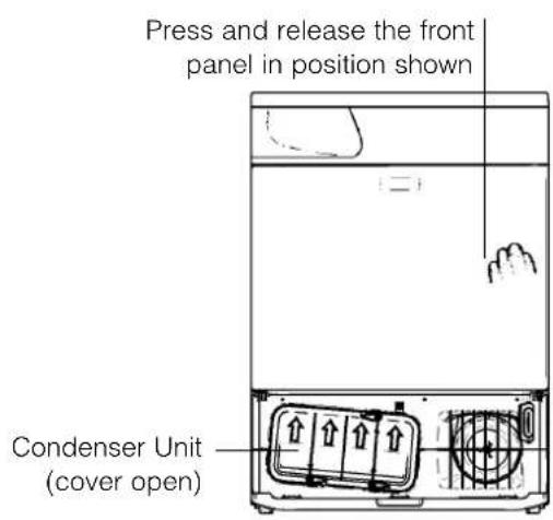 Press and release the front panel in position shown Condenser Unit (cover open)