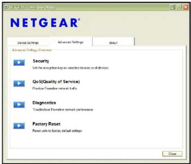 NETGEAR Powerline Utility Device Settings Advanced Settings About Advanced Settings Details Security Set the encryption key on selected devices or all devices QoS(Quality of Service) Priorize Powerline network traffic Diagnostics Troubleshoot Powerline network performance Factory Reset Reset units to factory default settings Close