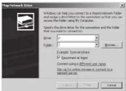 Map Network Drive Windows can help you connect to a shared network folder and assign a drive letter to the connection so that you can acquire the folder using My Computer. Specify the drive letter for the connection and the folder that you want to connect to: Drive: 21 Folder: 1 Browse... Examples: Windows/plane ☑ Connected at login Connect using a different user name Sign up for online access or connect to a connection device. OK Cancel Cancel