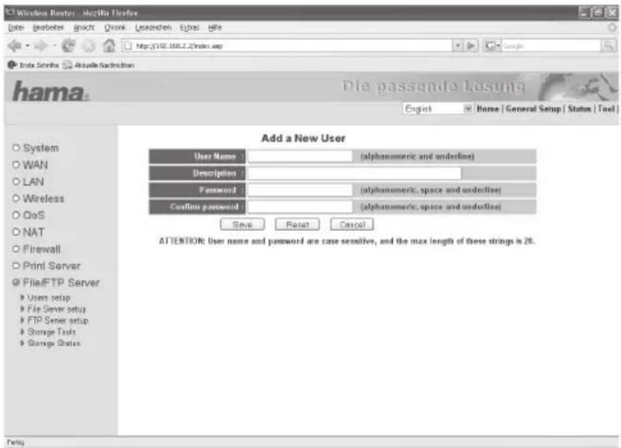 Windows Master - Mozilla Firefox Date geobster gockt Orink Leachenden Etnos Hiie http://102.168.2/index.asp trats Service Akouille Readmction hama English Home | General Setup | Status | Tool | Add a New User User Name : (alphansmeric and underline) Description : Password : (alphansmeric, space and underline) Confirm password : (alphansmeric, space and underline) Save Reset Cancel ATTENTION: User name and password are case sensitive, and the max length of these strings is 26. Feng