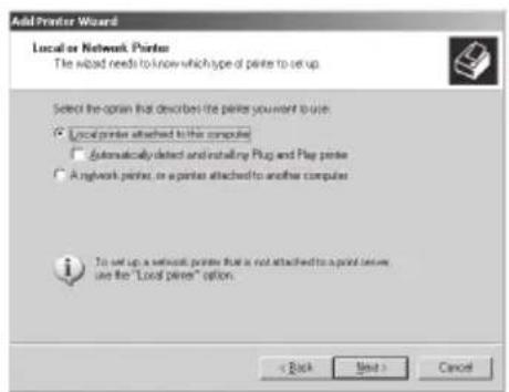 Add Printer Wizard Local or Network Printer The wired needs to know which type of printer to set up. Select the option that described the printer you want to use: ○ Local printer attached to this computer □ Automatically detected and installing Plug and Plug printer ○ A network printer, or a printer attached to another computer To set up a network printer that is not attached to a print server, use the "Local printer" option. < Back Next > Cancel