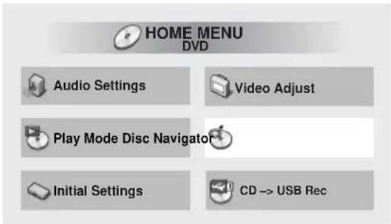 HOME MENU DVD Audio Settings Video Adjust Play Mode Disc Navigator Initial Settings CD -> USB Rec