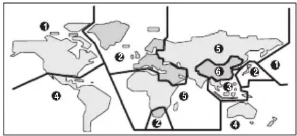 World map with numbered regions and labeled areas, likely illustrating geographic distribution or classification.