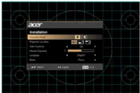 acer Installation Direction Mode Preceptor Location Auto/Keyboard Minimal Variables Language Reset English Pass Select Adjust Cut