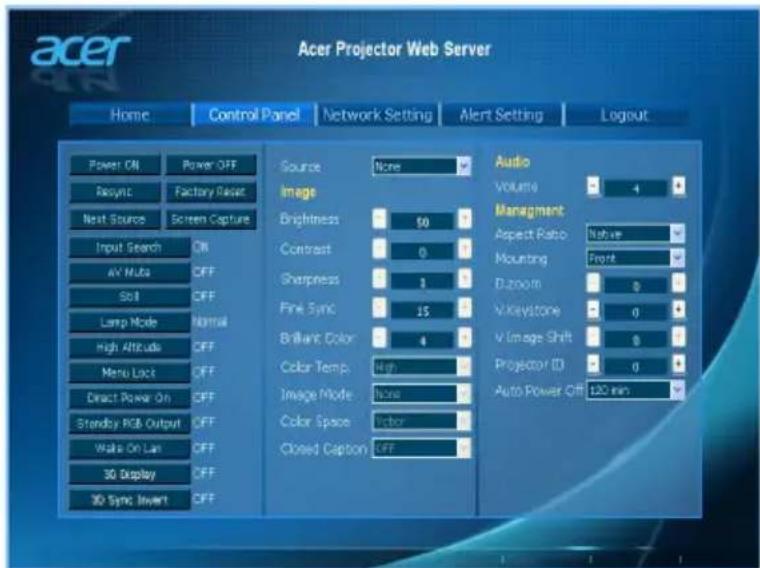 Acer Projector Web Server Home Control Panel Network Setting Alert Setting Logout Power ON Power OFF Sync Factory Reset Next Source Screen Capture Input Search ON AV Muts OFF Shift OFF Lamp Mode Normal High Attitudes OFF Menu Lock OFF Direct Power On OFF Standby RGB Output OFF Walk On Lan OFF 3D Display OFF 3D Sync Invert OFF Source None Image Brightness 50 Contrast 0 Sharpness 1 Fine Sync 15 Brilliant Color 4 Color Temp High Image Mode None Color Space Closed Caption OFF Audio Volume 4 Management Aspect Ratio:%lear Mounting Front D-zoom 0 V-Keystone 0 V-Image Shift 0 Projector ID 0 Auto Power Off 120 min