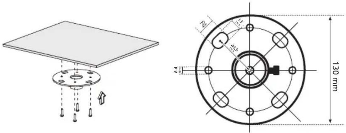 Technical diagram showing a solar panel installation and its circular component with dimensional annotations in millimeters.