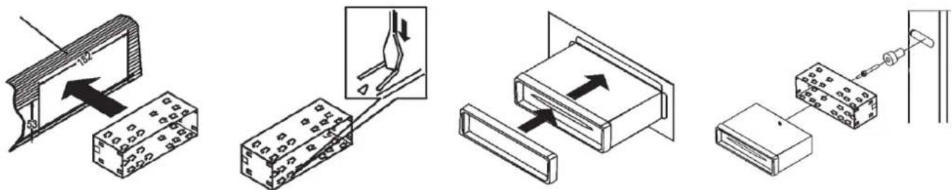 Technical diagram showing four steps of a device assembly or mounting process with labeled components and directional arrows.