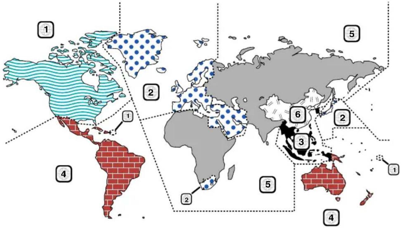 World map with labeled regions and colored markers, showing continents and countries with numbered annotations