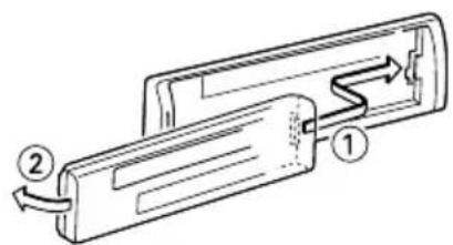 Technical diagram of a mechanical device with labeled parts 1 and 2, showing fluid flow direction.