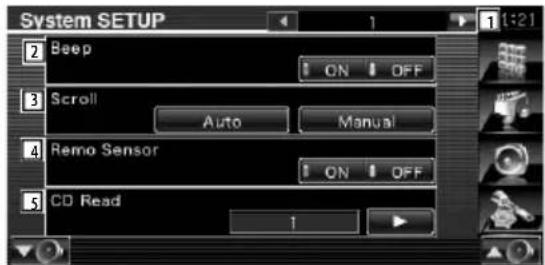 System SETUP 2 Beep 3 Scroll 4 Remo Sensor 5 CD Read 1 ON OFF Auto Manual ON OFF