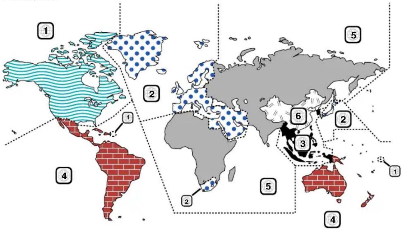 World map with numbered regions and colored dot patterns, highlighting key countries like the United States, Canada, and Australia.