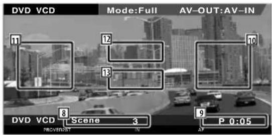 DVD VCD Mode:Full AV-OUT:AV-IN 11 12 13 10 DVD VCD 8 Scene 3 P 0:05 FROVER/ST IN AF