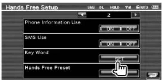 Hands Free Setup SMS DL HOLD YAI AUTO Phone Information Use ON OFF SMS Use ON OFF Key Word SET Hands Free Preset