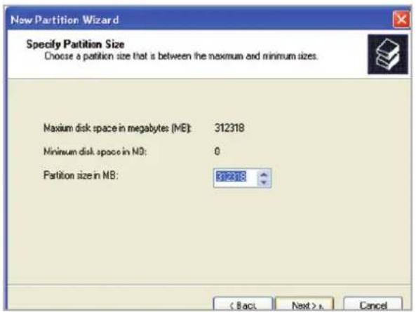 New Partition Wizard Specify Partition Size Choose a partition size that is between the maximum and minimum sizes. Maximum disk space in megabytes (MB): 312318 Minimum disk space in N0: 0 Partition size in MB: 312318 < Back Next > R Cancel