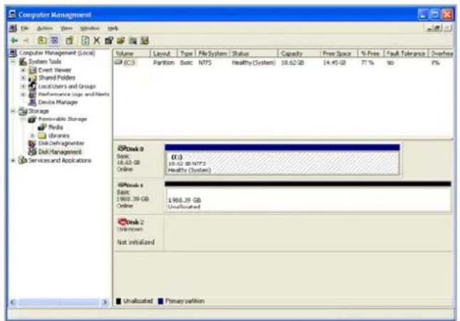 Computer Management System Tools Event Viewer Shared Folders Local Users and Groups Performance logs and Notes Device Manager Storage Permissible Storage Media Libraries Data/Detragments Disk/Management Services and Applications Volume Layout Type File System Status Capacity Free Space % Free Fault Tolerance Overhead (C:) Partition Basic NTFS Healthy (System) 18.62 GB 14.45 GB 77% No 7% iPods 0 Basic 16.62 GB Online (C:) 10.62 GB NTFS Healthy (System) iPods 1 Basic 1900.39 GB Online 1968.39 GB Unallocated iPods 2 Unknown Not initialized Unallocated Primary partition