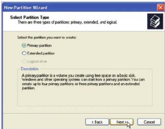 New Partition Wizard Select Partition Type There are three types of partitions: primary, extended, and logical. Select the partition you want to create: ● Primary partition ○ Extended partition ○ Logical drive Description A primary partition is a volume you create using free space on a basic disk. Windows and other operating systems can start from a primary partition. You can create up to four primary partitions or three primary partitions and an extended partition. < Back Next > Cancel