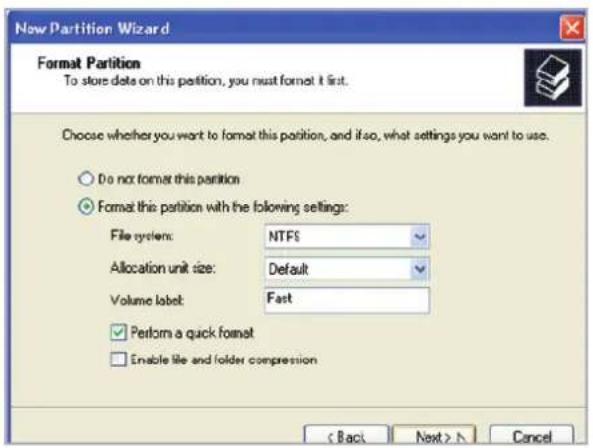 New Partition Wizard Format Partition To store data on this partition, you must format it first. Choose whether you want to format this partition, and if so, what settings you want to use. Do not format this partition Format this partition with the following settings: File system: NTFS Allocation unit size: Default Volume label: Fast Perform a quick format Enable file and folder compression < Back Next > N Cancel