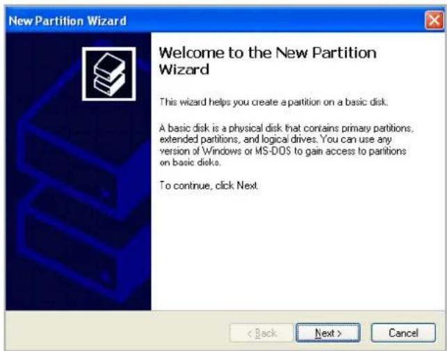 New Partition Wizard Welcome to the New Partition Wizard This wizard helps you create a partition on a basic disk. A basic disk is a physical disk that contains primary partitions, extended partitions, and logical drives. You can use any version of Windows or MS-DOS to gain access to partitions on basic disks. To continue, click Next < Back Next > Cancel
