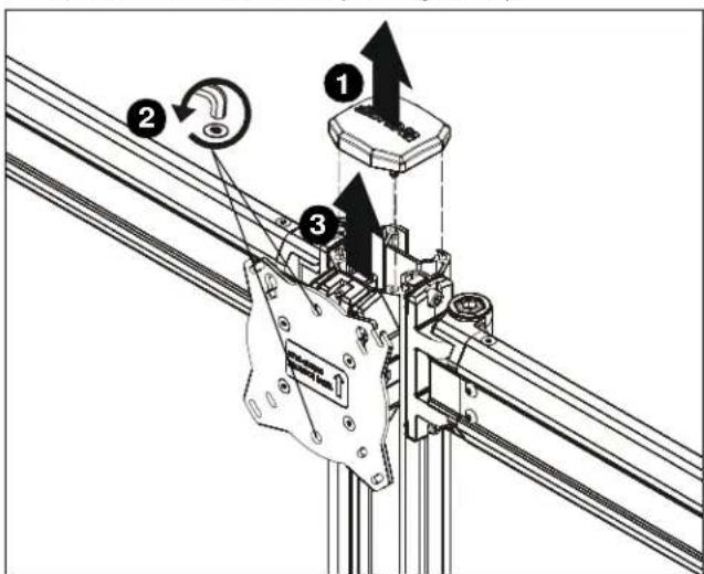 Technical diagram showing mechanical assembly with numbered components and directional arrows indicating motion or assembly steps.