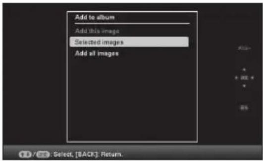 Add to album Add this image Selected images Add all images 10 / 65: Select, [BACK]: Return.