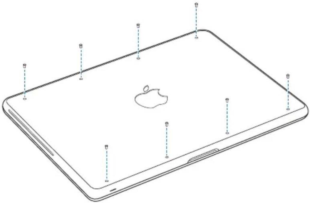 Technical line drawing of a tablet with labeled components and an Apple logo on the screen