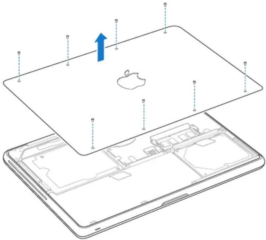 Diagram of an Apple tablet showing the open and closed views with labeled components and a blue upward arrow indicating motion.