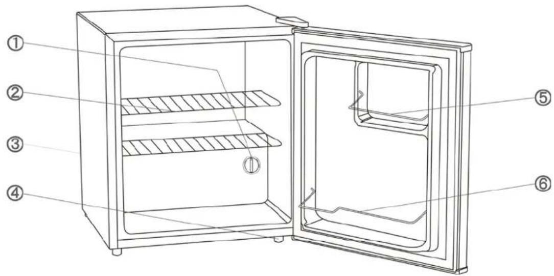 Diagram of an open refrigerator with numbered parts labeled for identification.