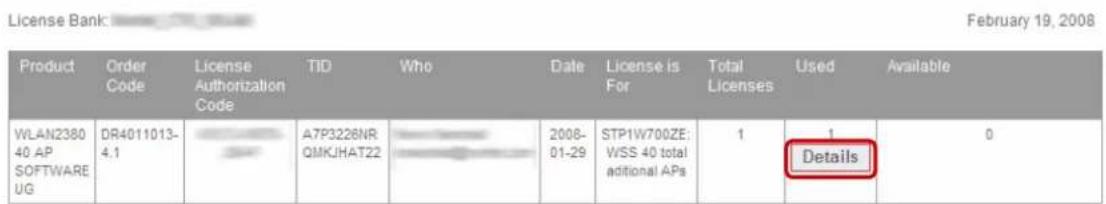 AVAYA DS1410026 - Access the License Bank page where the AP license was deposited. Locate the AP license to be transferred then click Details: - 1