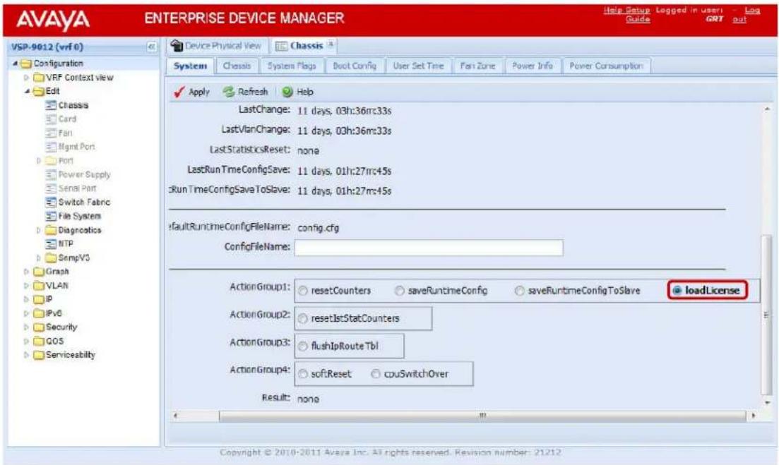AVAYA DS1410026 - In EDM select Edit then Chassis. In ActionGroup1 select loadLicense then click Apply: - 1