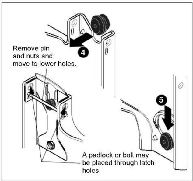 Remove pin and nuts and move to lower holes. A padlock or bolt may be placed through latch holes