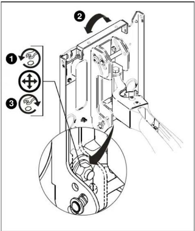 Technical diagram showing mechanical assembly steps with numbered annotations and directional arrows indicating motion