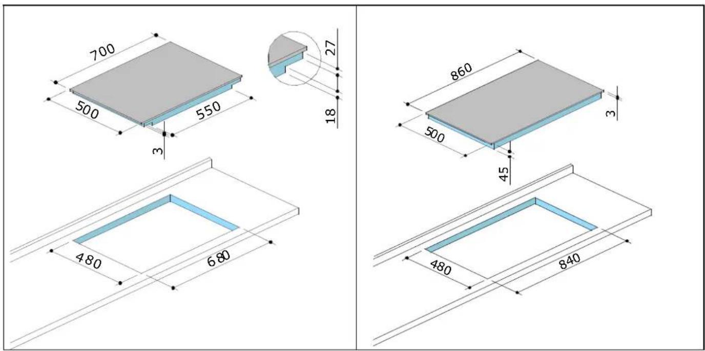 CDA 4X7SS - SIZES OF THE FITTED AND SUPPORTED HOBS AND HOUSING HOLES - 2