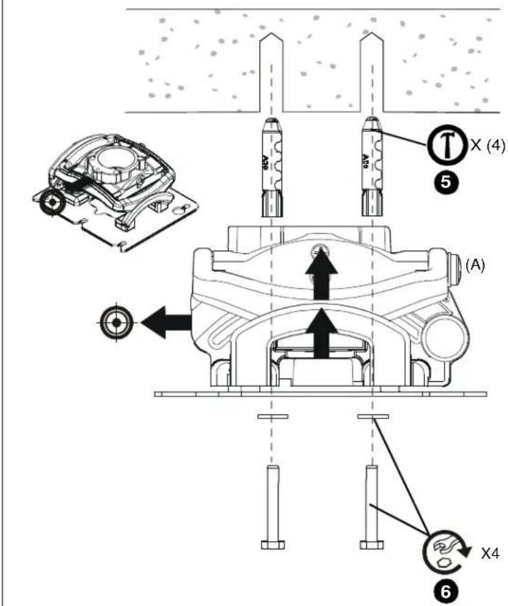 Technical diagram of a mechanical assembly with labeled components and directional arrows indicating movement or force.