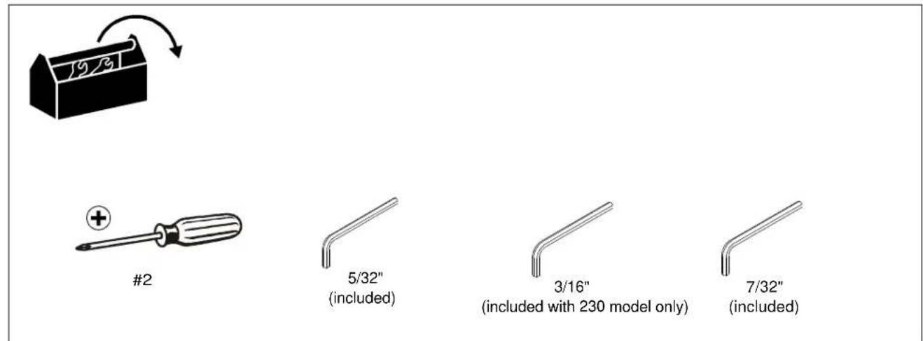 #2 5/32" (included) 3/16" (included with 230 model only) 7/32" (included)