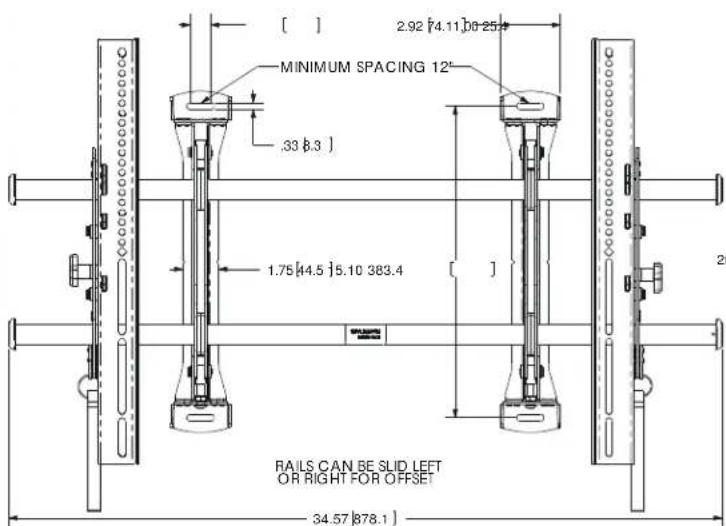 [ ] MINIMUM SPACING 12" .33 [8.3] 1.75 [44.5] 5.10 383.4 RAILS CAN BE SLID LEFT OR RIGHT FOR OFFSET 34.57 [878.1]