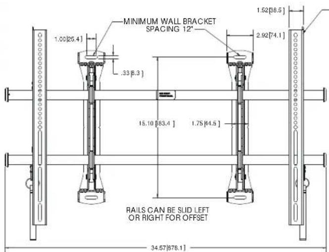 MINIMUM WALL BRACKET SPACING 12" 1.00[25.4] .33[8.3] 15.10[83.4] 1.75[44.5] 1.52[38.5] 2.92[74.1] RAILS CAN BE SLID LEFT OR RIGHT FOR OFFSET 34.57[878.1]