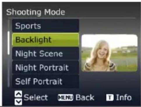 Shooting Mode Sports Backlight Night Scene Night Portrait Self Portrait Select MENU Back Info