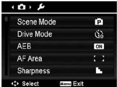 Scene Mode Drive Mode AEB ON AF Area Sharpness Select Menu Exit
