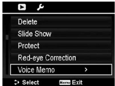 Delete Slide Show Protect Red-eye Correction Voice Memo > Select Menu Exit