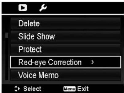 Delete Slide Show Protect Red-eye Correction > Voice Memo Select Menu Exit