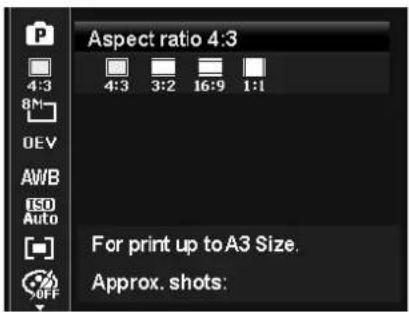 Aspect ratio 4:3 4:3 4:3 3:2 16:9 1:1 For print up to A3 Size. Approx. shots: