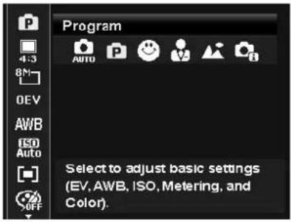 Program Select to adjust basic settings (EV, AWB, ISO, Metering, and Color).