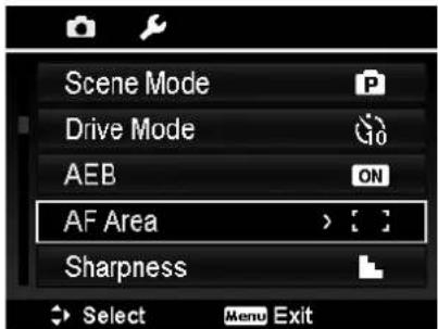 Scene Mode Drive Mode AEB AF Area Sharpness Select Menu Exit