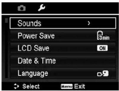 Sounds Power Save LCD Save ON Date & Time Language Select Menu Exit