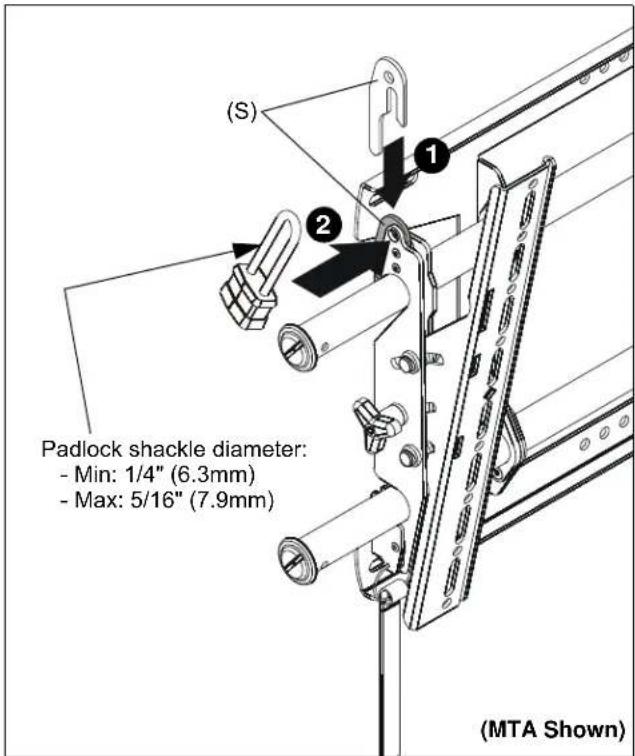 (S) Padlock shackle diameter: - Min: 1/4" (6.3mm) - Max: 5/16" (7.9mm) (MTA Shown)