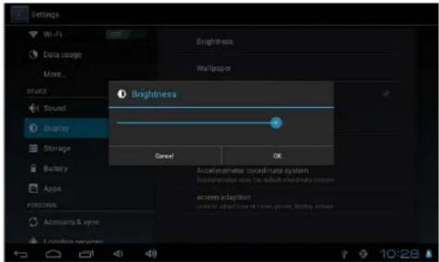 Settings Wi-Fi Data usage More... Sound Sound Display Storage Battery Apple PERSONAL Accounts & vync Brightness Wallpaper Brightness Cancel OK Accelerometer coordinate system Accelerometer uses the double-speed display system screen adaptation using to offset noise or frame pattern. Display panel