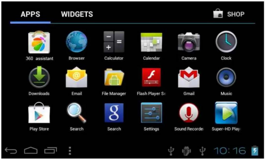 APPS 360 assistant Browser Calculator Calendar Camera Clock Downloads Email File Manager Flash Player Se Gmail Music Play Store Search Search Settings Sound Recorder Super-HD Play