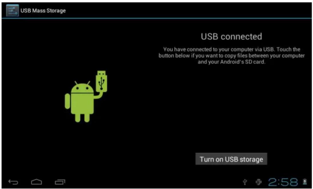 USB Mass Storage USB connected You have connected to your computer via USB. Touch the button below if you want to copy files between your computer and your Android's SD card. Turn on USB storage